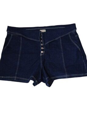 ELOQUII Denim Jean Shorts Button Fly Flap Over Waist Dark Blue Plus Size 28